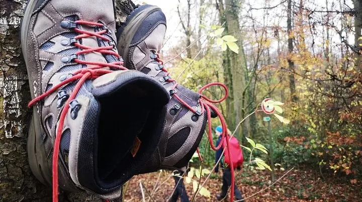 Es sind zwei Wanderschuhe an einem Baum befestigt | © DAV Münster